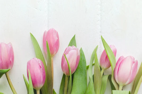 Flor de primavera. Ramo de tulipanes rosados colocar sobre fondo de madera blanca. Enfoque selectivo . — Foto de Stock