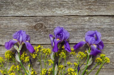 Ahşap arka planda irises. Bir polis ile mor irises Buket