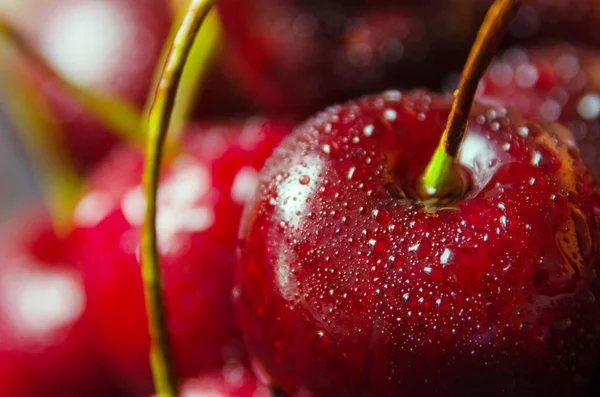 Крупный план свежих вишневых ягод с капельками воды. — стоковое фото