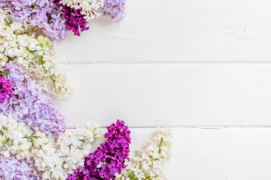 Beyaz ahşap arka planda, kopyalanmış leylak çiçekleri dalı.