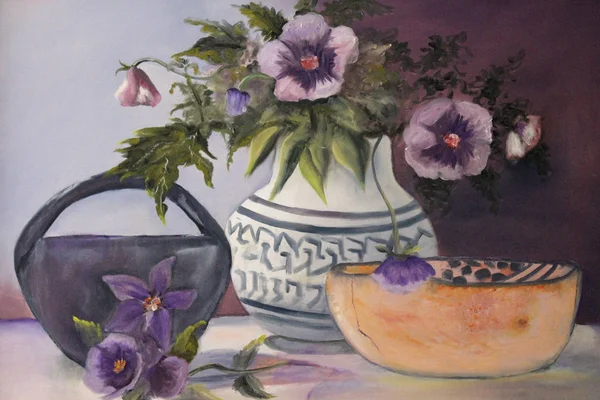 Oil painting of purple flowers in a white vase by a bowl.