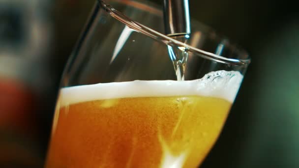 Proces van gieten bier in het bekerglas van glas in de bar van de grill. — Stockvideo