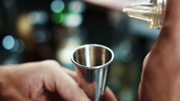 Zbliżenie na mężczyzn barmanów, którzy nalewa likierem stalowych środek szkło, zwolnionym tempie. — Wideo stockowe