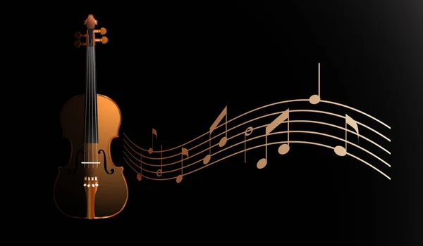 Violín Marrón Sobre Fondo Negro Con Notas — Vector de stock