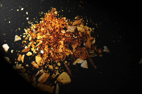 Various Spices Scattered Dark Surface — Stock Photo, Image