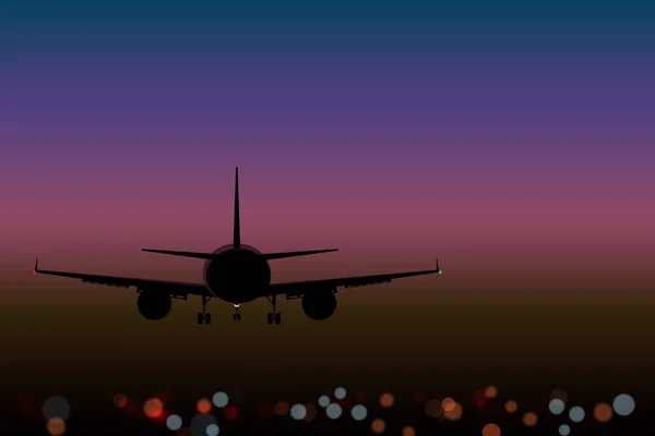 Flugzeug Auf Der Hintergrundbeleuchtung Der Nacht Stadt Bokeh Effekt Draufsicht — Stockfoto