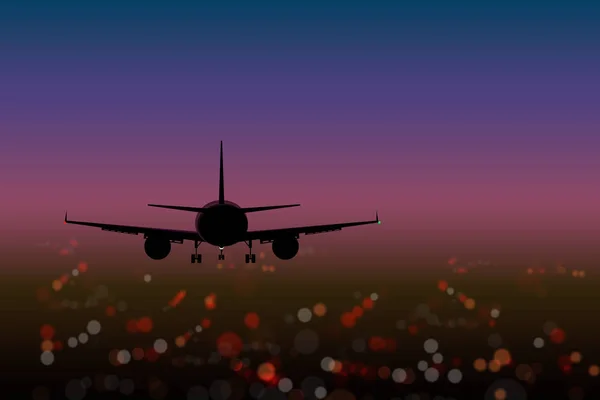 Avião Sobre Luzes Fundo Cidade Noite Efeito Bokeh Vista Superior — Fotografia de Stock