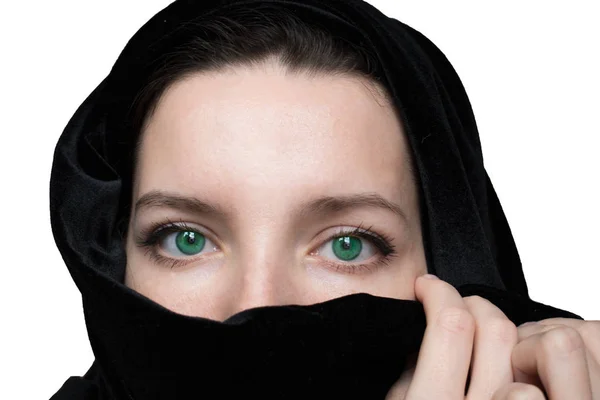 Μαύρο Και Άσπρο Φωτογραφία Του Προσώπου Μιας Γυναίκας Πράσινα Μάτια — Φωτογραφία Αρχείου