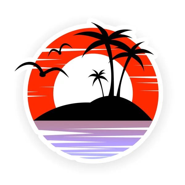 View Island Ocean Sunset Seagulls Palm Trees — Stock Vector
