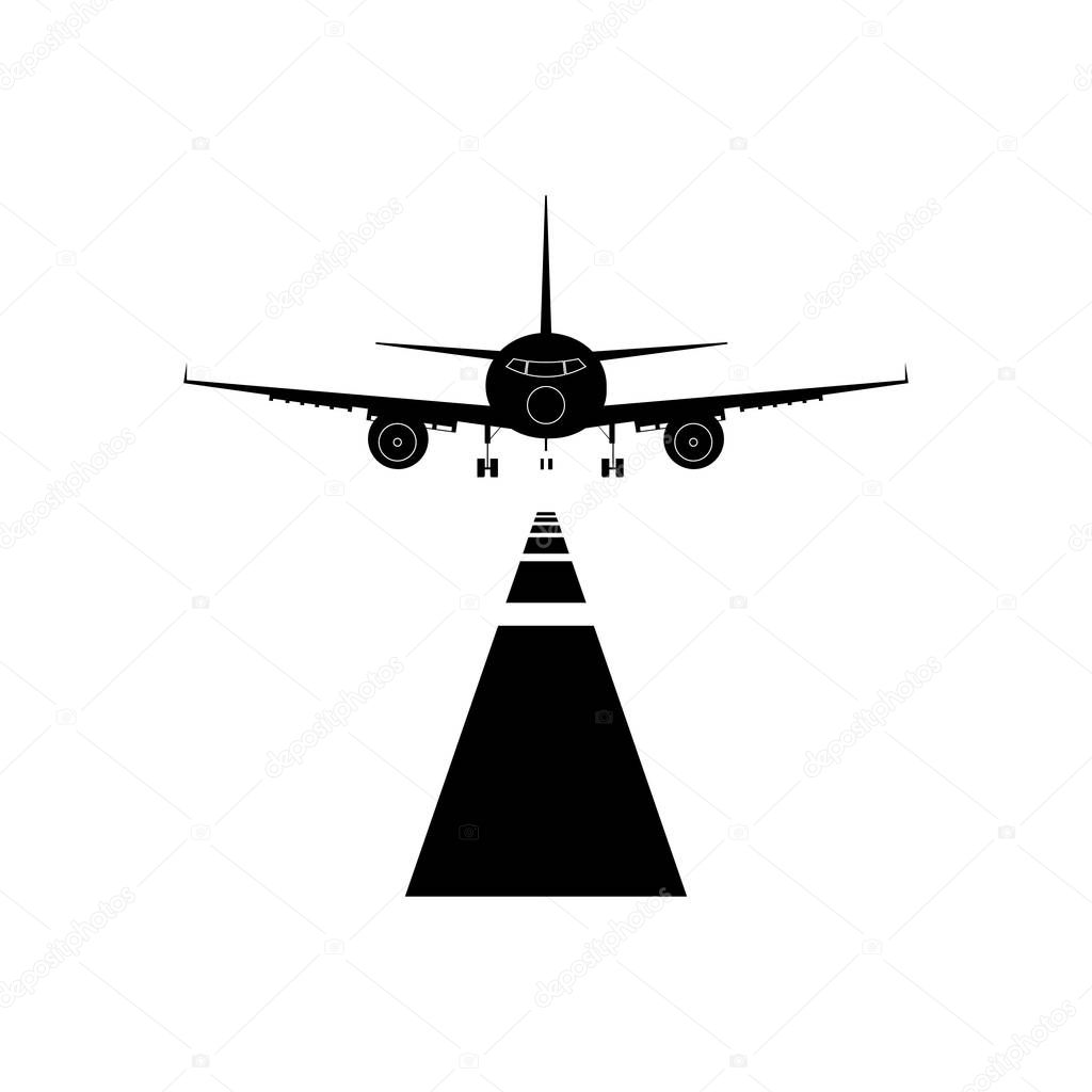 airplane silhouette over runway. Takeoff. Landing.