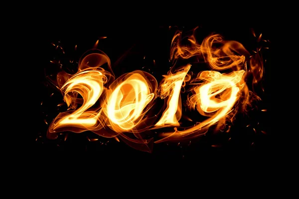 Fire Number 2019 Smoke Black Background Sparks — Stok Foto