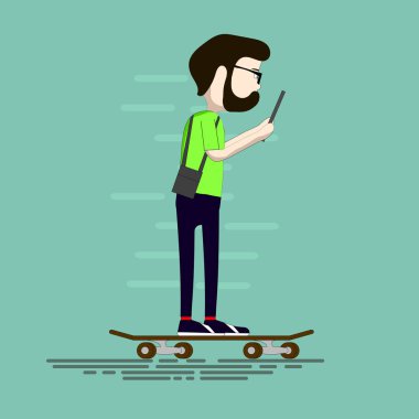 Bir adam kaykay üzerinde çalışmaya gider ve tablette metin okur. sakallı adam kaykay üzerinde sürmek.