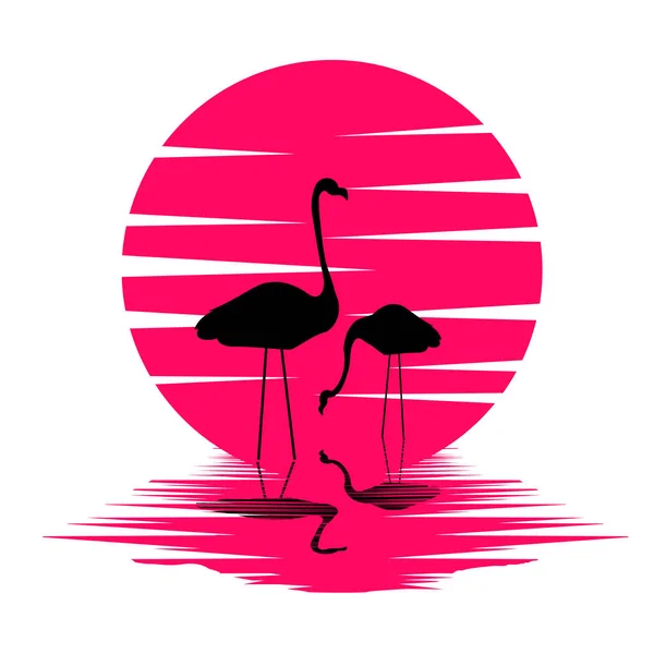 Günbatımının arka planında bir flamingo silueti, pembe renkli okyanustaki adalar.