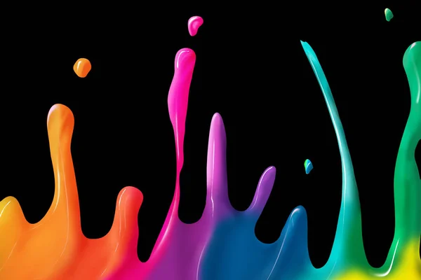 Spruzzi Vernice Multicolore Lucente Con Gocce Uno Sfondo Nero Sfondo — Foto Stock