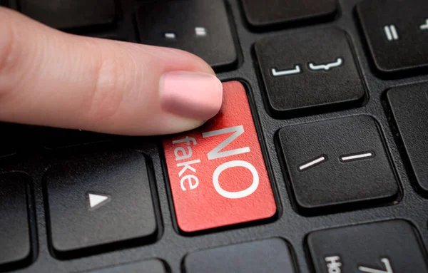 Finger Presses Fake Button Laptop Keyboard — Stock Photo, Image