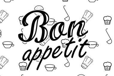 Mutfak sembollü beyaz arka planda Bon Appetit yazıları. Vektör illüstrasyonu