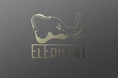 Fil kelimesiyle kabartmalı gri bir arka planda fil kafası. Taklit metal3d illüstrasyon