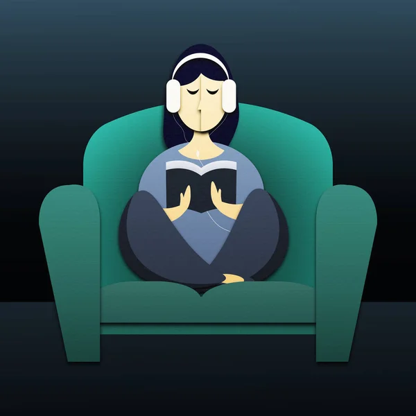 A girl sits on an armchair, listens to music on headphones and reads a book. Illustration. Chill out. Recreation