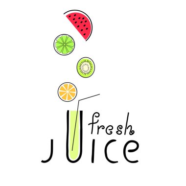 Beyaz bir arka planda söz suyu. Bir bardak meyve suyu ve farklı meyvelerle. Yaz aydınlığı arka plan. Vektör illüstrasyonu