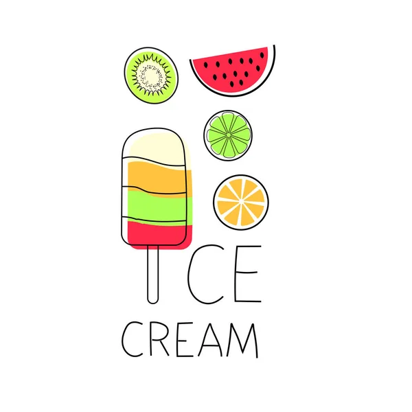 Fruit Ice Cream Words Ice Cream Different Fruits White Background — Stock Vector