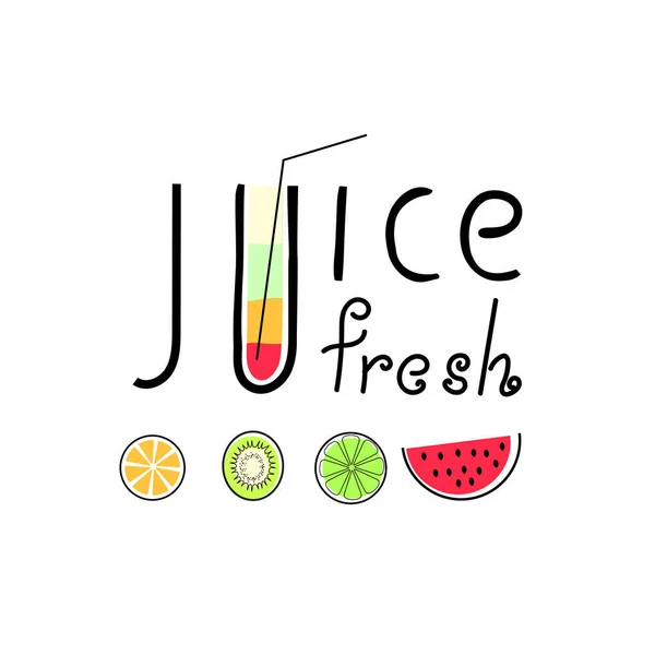 Jugo Palabras Sobre Fondo Blanco Con Vaso Jugo Diferentes Frutas — Archivo Imágenes Vectoriales