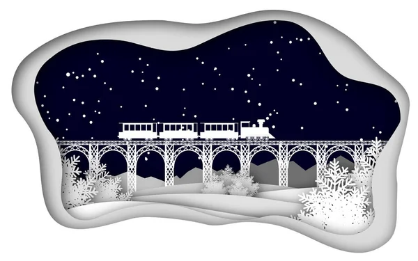 Winter art paper and crafts. Night express. Ttrain on the bridge in winter. Illustration in a paper frame with shadow