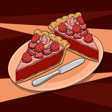 Çilek ve kremayla kaplı iki dilim turta oval bir tabakta pasta bıçağıyla servis edilir. 28 Eylül 'de Ulusal Çilekli Turta Günü' nü kutlamak için mükemmel..