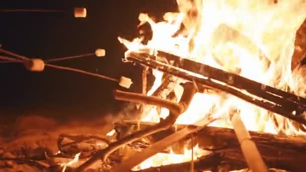 Asando malvaviscos sobre hoguera en la playa al atardecer. Incendio de fogata en la playa durante la noche de verano. Paisaje tropical romántico cerca del borde del agua del mar . — Vídeos de Stock