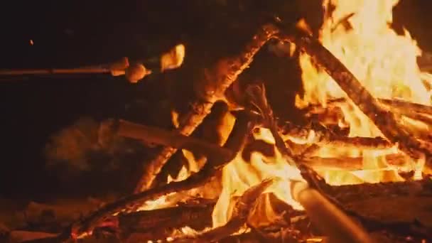 Prażenie marshmallows nad ognisko na plaży o zachodzie słońca. Płonące ognisko na plaży w letni wieczór. Tropikalne romantycznego krajobrazu w pobliżu krawędzi wody morza. — Wideo stockowe