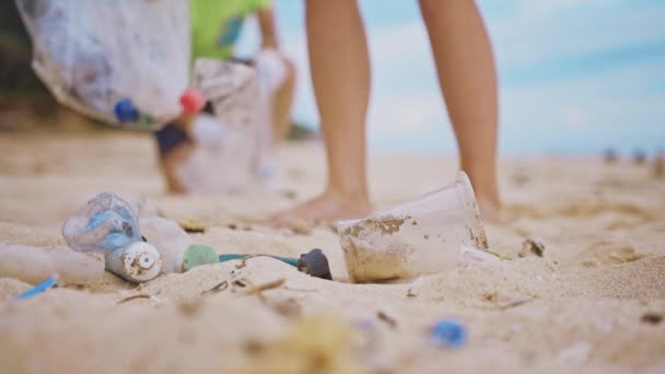 Grupo de voluntários a limpar a praia. O voluntário levanta e joga um lixo plástico no saco. Conceito de voluntariado e reciclagem. Consciência ambiental espaço cópia conceito — Vídeo de Stock