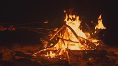 Gün batımında sahilde şenlik ateşi üzerine kavurma marshmallow. Sahilde kamp ateşi yaz akşamı sırasında yanan. Deniz su kenarı yakınındaki tropikal romantik manzara