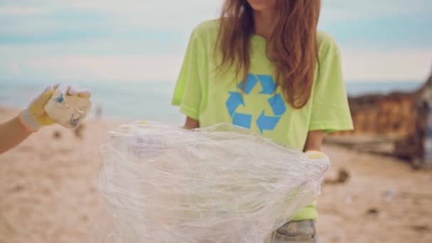 Os voluntários levantam e jogam lixo plástico no saco. Grupo de voluntários a limpar a praia. Conceito de voluntariado e reciclagem. Consciência ambiental espaço cópia conceito — Vídeo de Stock
