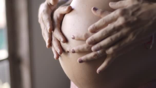 Mutti und Vati reichen schwangeren Bauch. Schwangeres Paar streichelt schwangeren Bauch. Glückliche Familie. Schwangerschaft, Mutterschaft, Mutterschaft, Menschen und Erwartungskonzept. — Stockvideo