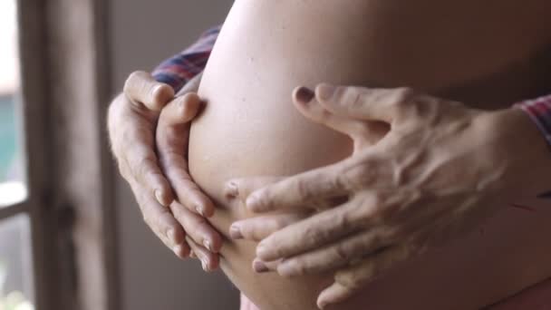 Maman et papa mettent la main sur le ventre enceinte. Couple enceinte caressant ventre enceinte. Bonne famille. grossesse, maternité, maternité, personnes et concept d'attente . — Video