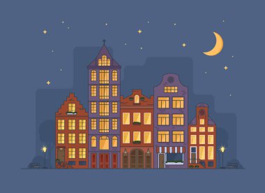 Ay ve yıldızlar gökyüzünde ile gece rahat Amsterdam cityscape. Eski evleri kilise ve kafe, pencere ve sokak lambaları aydınlatma ile. Düz renkli vektör çizim.