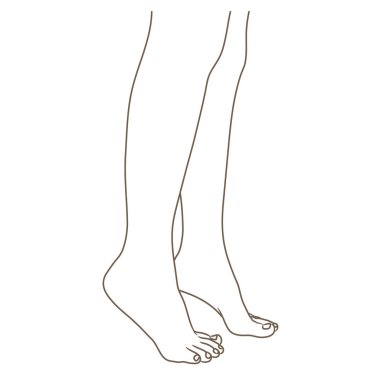 Female legs barefoot, side view. Vector illustration, hand drawn cartoon style isolated on white, black and white contour clipart