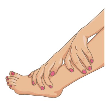 Female legs barefoot with hands holding the ankle, nails colored, side view. Vector illustration, hand drawn cartoon style isolated on white. clipart