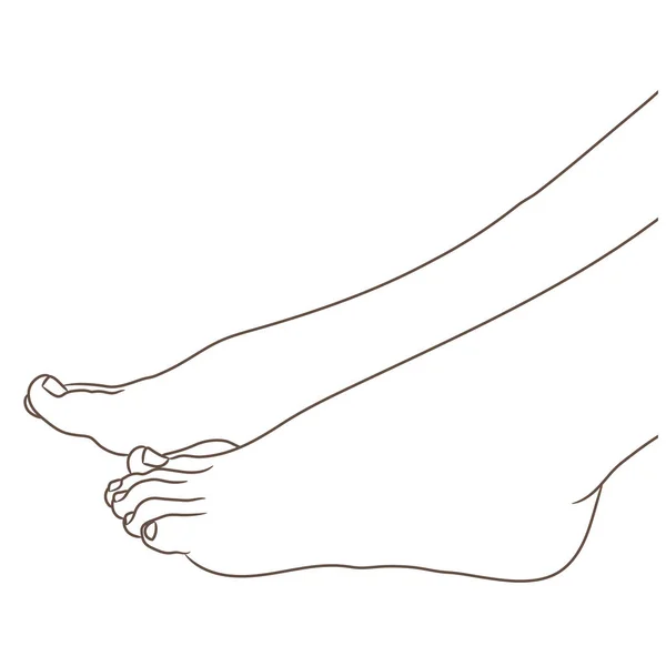 女性足裸足 側面ビュー ベクトル イラスト 手の描かれた漫画スタイルの白 黒と白の輪郭線の分離 — ストックベクタ