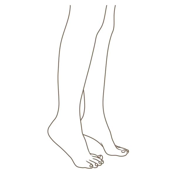 女性足裸足 側面ビュー ベクトル イラスト 手の描かれた漫画スタイルの白 黒と白の輪郭線の分離 — ストックベクタ