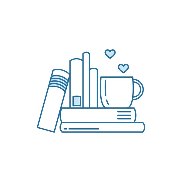 Kitap ve kahve ya da çay Kupası kalp sembolleri ile yığını. Kütüphaneler, kitap mağazaları, festival, Fuar ve okullar için kavram okuma seviyorum. Satırı simgesi. Vektör çizim üzerinde beyaz izole.