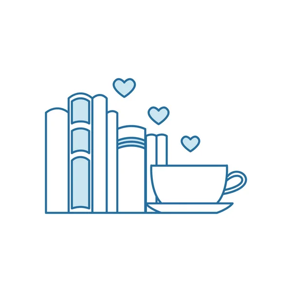 Pile Livres Café Tasse Thé Avec Des Symboles Coeur Adore — Image vectorielle