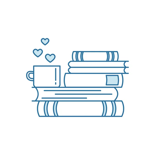 Pile Books Coffee Tea Cup Heart Symbols Love Reading Concept — Stock Vector