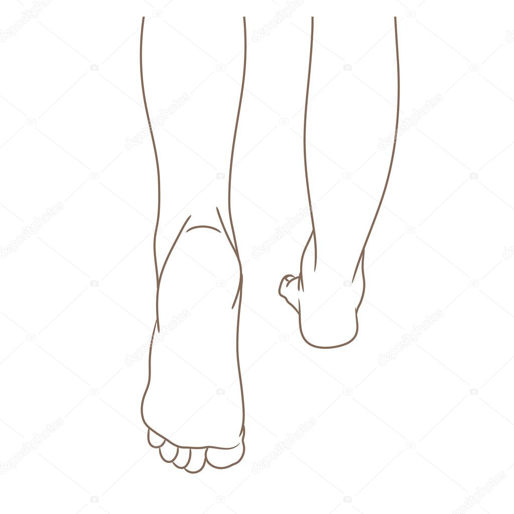 Female legs barefoot, back view, walking. Vector illustration, hand drawn cartoon style isolated on white, black and white contour