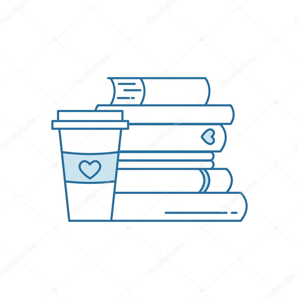 Pile of books and coffee cardboard cup with heart symbols. I love reading concept for libraries, book stores, festivals, fairs and schools. Line icon. Vector illustration isolated on white.