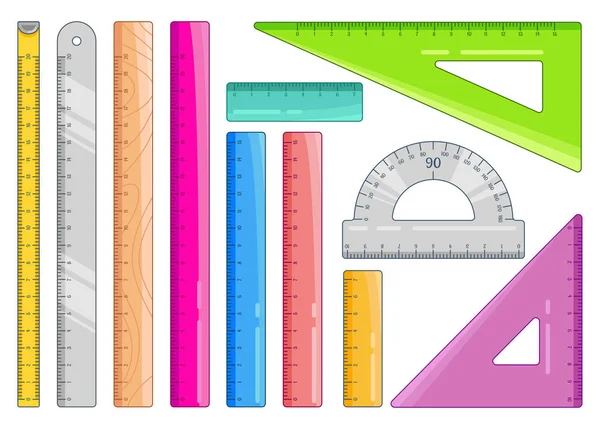 Conjunto Reglas Coloridas Material Oficina Medición Diseño Arte Papelería Escolar — Archivo Imágenes Vectoriales