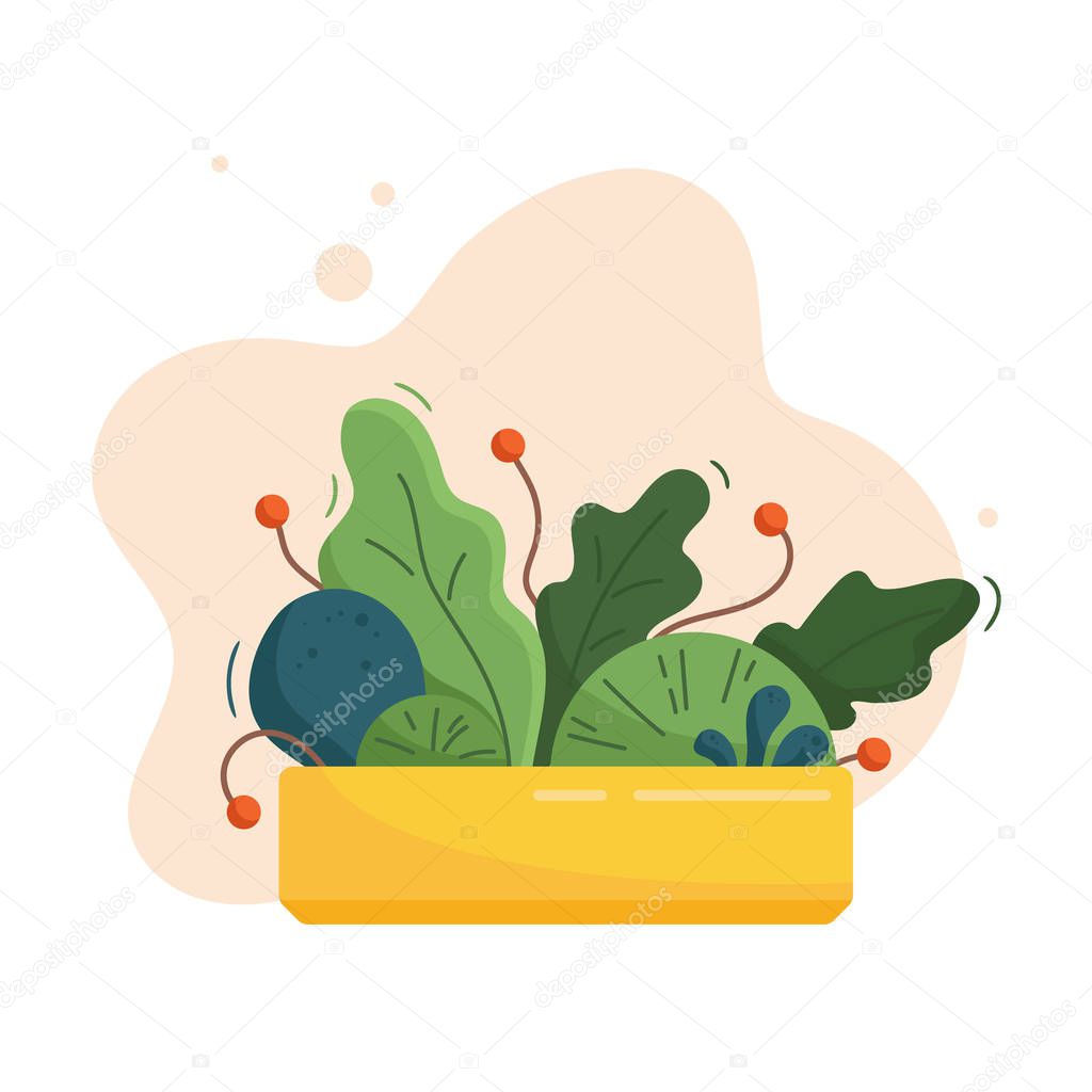 Abstract lush plants in long low yellow flowerpot. Leaves, flowers and berries. Domestic gardening illustration in modern simple flat art style. Vector illustration isolated on white