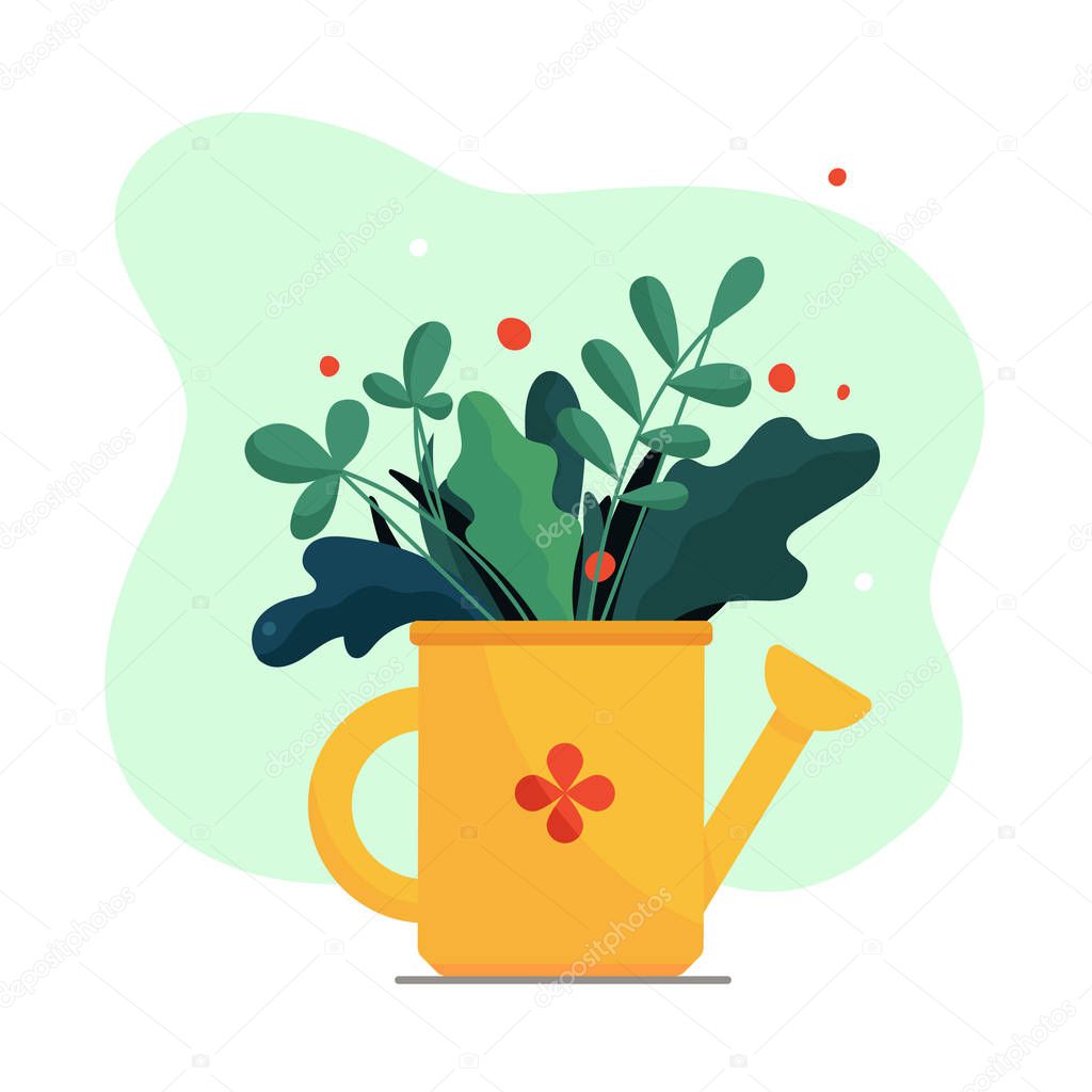 Garden plants and flowers in yellow watering can. Outdoor gardening bouquet. Modern abstract simple flat art style. Vector illustration isolated on white. 