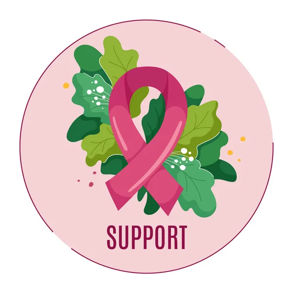 Templat Stiker Bentuk Bulat Dengan Pita Merah Muda Dedaunan Subur - Stok Vektor