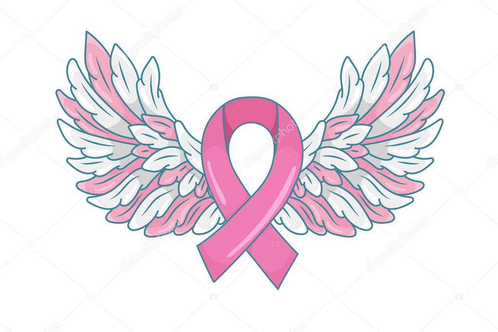 Pink ribbon with spread angel wings as a symbol of hope and support. Breast cancer awareness month illustration. Vector isolated on white