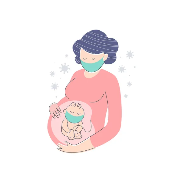 Kobiety w ciąży i jej nienarodzone dziecko w maskach medycznych, metafora zagrożenia zakażeniem koronawirusem dla ciąży — Wektor stockowy
